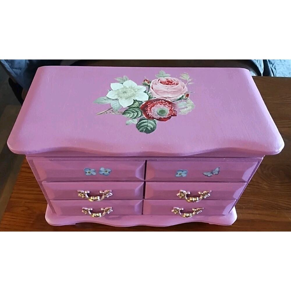 Jewelry Box vintage wood girly Painted Trinket Box Floral Barbie Pink Butterfly